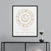 White custom astrology birth chart in black frame in console table living room